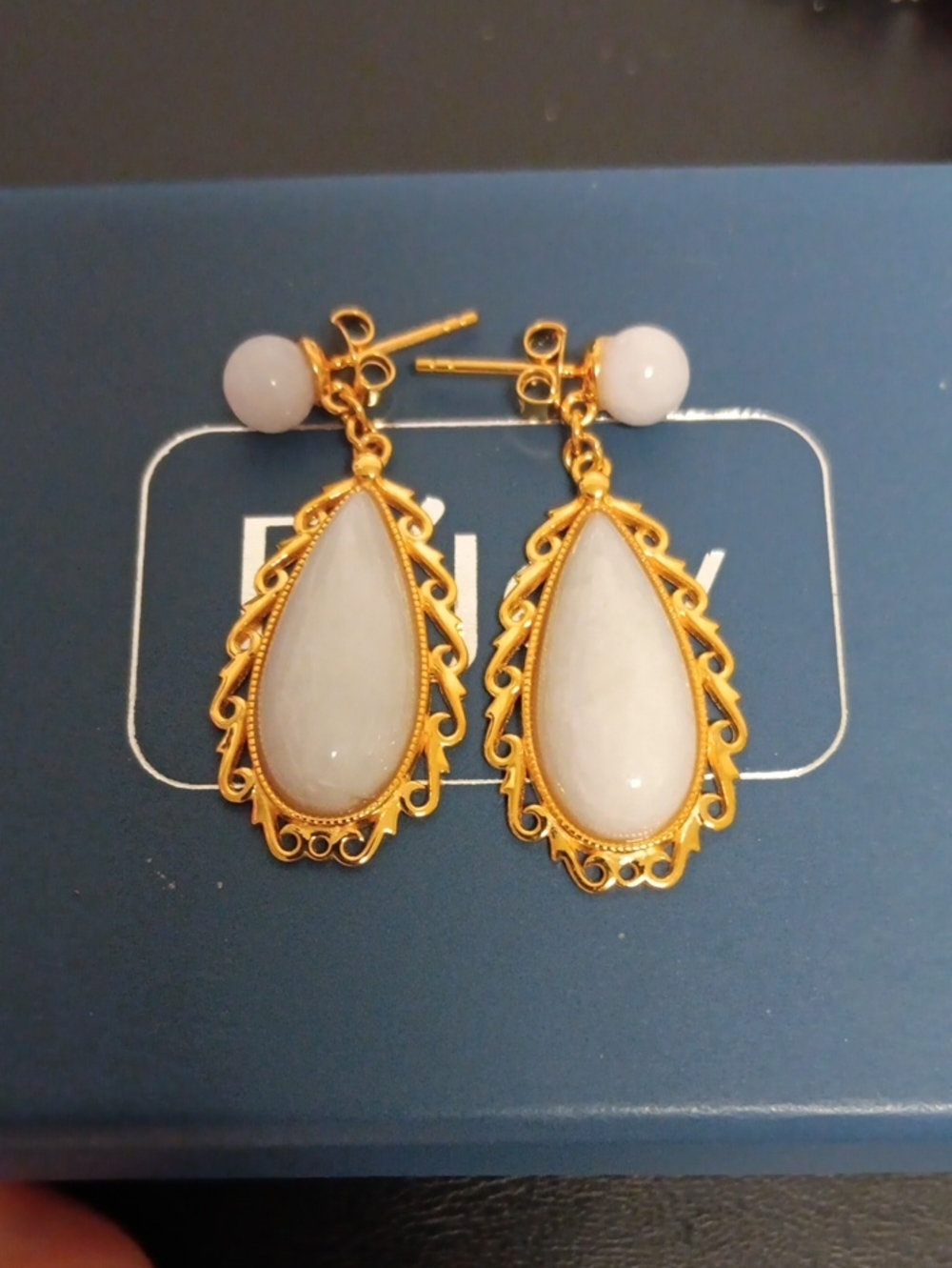 Natural Jade Carved 25.00 ctw Teardrop Earrings in 18K Vermeil Yellow Gold 925